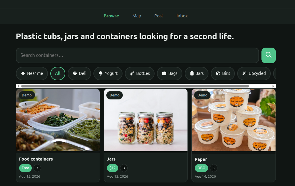 The Secondhand Plastic browse page, with a search box, category filters for deli, yogurt, bottles, bags, jars and bins, and three listings showing food containers, jars and paper tubs
